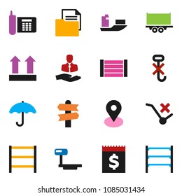 solid vector ixon set - signpost vector, map pin, phone, client, ship, truck trailer, receipt, wood box, document, umbrella, top sign, no trolley, hook, big scales, shelving