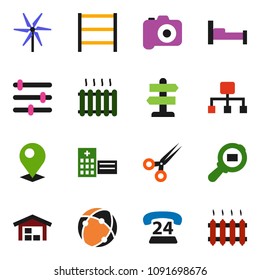 solid vector ixon set - signpost vector, phone 24, cargo search, shelving, camera, scissors, hospital building, connection, equalizer, hierarchy, pin, windmill, barn, heating
