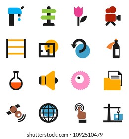 solid vector ixon set - signpost vector, document, tulip, shelving, satellitie, speaker, video camera, touchscreen, flask, potion, ovule, undo, globe, water supply, plan, construction crane