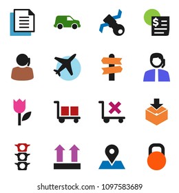 solid vector ixon set - signpost vector, map pin, plane, satellite, traffic light, support, car, receipt, document, cargo, top sign, no trolley, tulip, package, weight