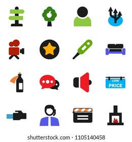 solid vector ixon set - signpost vector, support, cinema clap, speaker, video camera, favorites, thermometer, potion, lan connector, message, route arrow, user, fruit tree, low price signboard