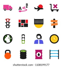 solid vector ixon set - signpost vector, earth, plane, traffic light, support, sea container, delivery, clock, consolidated cargo, no trolley, weight, oil barrel, route, shelving