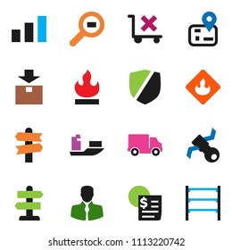 solid vector ixon set - signpost vector, navigator, satellite, client, ship, delivery, receipt, no trolley, package, sorting, protected, flammable, cargo search, shelving