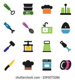 solid vector ixon set - sink vector, cook hat, timer, press, whisk, skimmer, knife, meat hammer, grater, oven, double boiler, spices, blender, plates