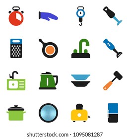 solid vector ixon set - sink vector, water tap, pan, kettle, scales, cook glove, timer, meat hammer, grater, toaster, blender, plates, sieve, fridge