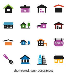 solid vector ixon set - skimmer vector, university, dry cargo, warehouse, hospital building, house, cottage, chalet, barn, sold signboard, office, store