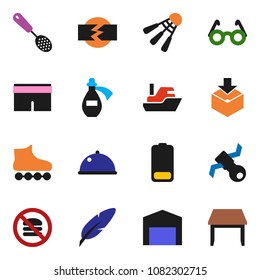 solid vector ixon set - skimmer vector, dish, pen, glasses, shorts, roller Skates, shuttlecock, no fastfood, satellite, ship, package, battery, potion, disconnection, barn, table