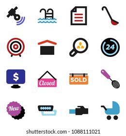 solid vector ixon set - skimmer vector, ladle, document, target, monitor dollar, pool, dry cargo, satellitie, hdmi, lan connector, sold signboard, client search, new, closed, 24 hour, baby stroller