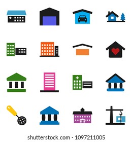 solid vector ixon set - skimmer vector, university, school building, bank, dry cargo, hospital, chalet, garage, barn, apartments, love home, construction crane