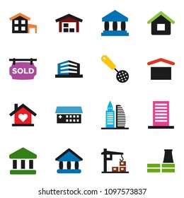 solid vector ixon set - skimmer vector, university, bank, dry cargo, hospital building, house, cottage, barn, sold signboard, office, love home, construction crane, factory