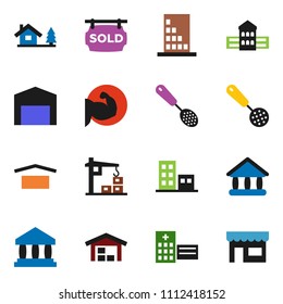 solid vector ixon set - skimmer vector, school building, university, bank, muscule hand, dry cargo, hospital, chalet, barn, sold signboard, apartments, construction crane, store