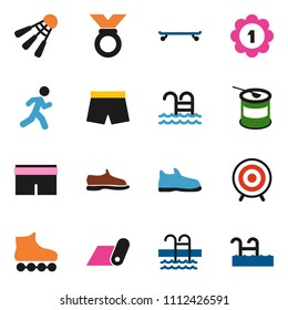 solid vector ixon set - snickers vector, shorts, roller Skates, skateboard, target, medal, sports nutrition, fitness mat, shuttlecock, pool, run