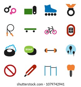 solid vector ixon set - soap vector, barbell, bike, jump rope, horizontal bar, roller Skates, skateboard, medal, fitness mat, prohibition sign, stadium, thermometer, gender, sperm, tooth implant