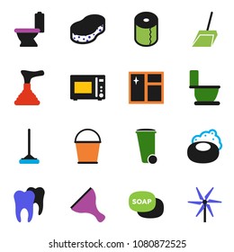 solid vector ixon set - soap vector, plunger, scraper, mop, scoop, bucket, sponge, trash bin, window cleaning, toilet, paper, microwave oven, tooth, windmill
