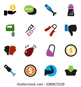 solid vector ixon set - soap vector, hand mill, mixer, blender, chicken leg, dollar coin, investment, trainer, muscule, boxing glove, finger down, crutches, bandage, basket