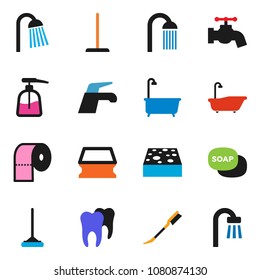 solid vector ixon set - soap vector, water tap, mop, sponge, car fetlock, bath, liquid, toilet paper, shower, tooth