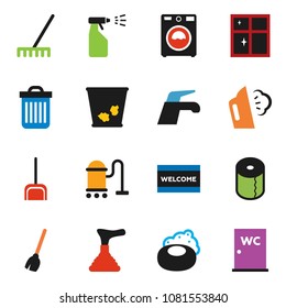 solid vector ixon set - soap vector, plunger, broom, water tap, vacuum cleaner, scoop, rake, trash bin, welcome mat, steaming, washer, sprayer, shining window, toilet paper, closet