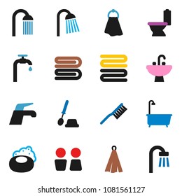 solid vector ixon set - soap vector, water tap, fetlock, towel, bath, toilet, brush, shower, closet, sink, supply