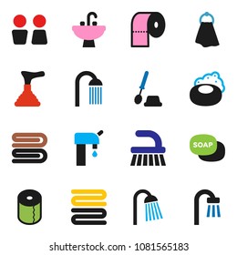 solid vector ixon set - soap vector, plunger, fetlock, towel, toilet brush, paper, shower, water closet, sink, supply, bath