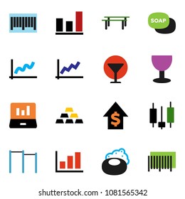 solid vector ixon set - soap vector, graph, japanese candle, laptop, dollar growth, gold ingot, horizontal bar, glass, barcode