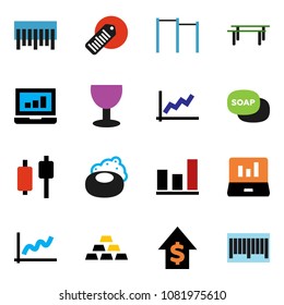 solid vector ixon set - soap vector, graph, japanese candle, laptop, dollar growth, gold ingot, horizontal bar, glass, barcode