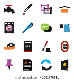 solid vector ixon set - soap vector, water tap, drying clothes, toilet brush, pen, personal information, measuring, stadium, dry cargo, film frame, thumbtack, dropper, refresh, mailbox, washer