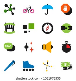 solid vector ixon set - soap vector, shining, pen, compass, constellation, stopwatch, bike, roller Skates, molecule, umbrella, speaker, loading, connection, stop, crib, cash