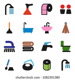 solid vector ixon set - soap vector, plunger, water tap, fetlock, towel, bath, toilet, brush, paper, shower, closet, sink