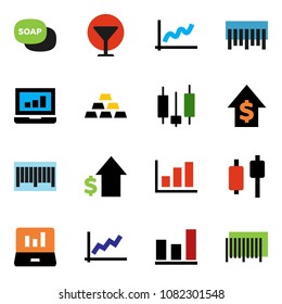 solid vector ixon set - soap vector, graph, japanese candle, laptop, dollar growth, gold ingot, glass, barcode