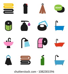 solid vector ixon set - soap vector, towel, bath, liquid, cleaning agent, toilet paper, shower, sink