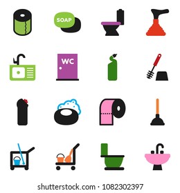solid vector ixon set - soap vector, plunger, cleaner trolley, toilet, brush, cleaning agent, paper, water closet, sink