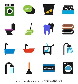 solid vector ixon set - soap vector, plunger, cleaner trolley, scoop, sponge, towel, trash bin, welcome mat, bath, toilet, washer, shower, tooth