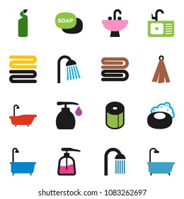 solid vector ixon set - soap vector, towel, bath, liquid, cleaning agent, toilet paper, shower, sink