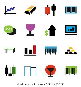 solid vector ixon set - soap vector, graph, gold ingot, japanese candle, laptop, dollar growth, horizontal bar, glass, barcode