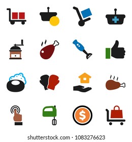 solid vector ixon set - soap vector, house hold, hand mill, mixer, blender, chicken leg, dollar coin, boxing glove, cargo, touchscreen, finger up, basket, trolley