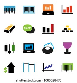 solid vector ixon set - soap vector, graph, gold ingot, japanese candle, laptop, dollar growth, horizontal bar, glass, barcode