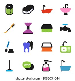 solid vector ixon set - soap vector, mop, sponge, water tap, car fetlock, bath, toilet brush, liquid, paper, sink, tooth