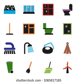 solid vector ixon set - soap vector, broom, fetlock, mop, scoop, sponge, trash bin, window cleaning, toilet, shining, shower, towel, windmill