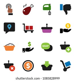 solid vector ixon set - soap vector, foam basin, mixer, chicken leg, dollar coin, investment, traking, cargo, touchscreen, finger down, basket, trolley