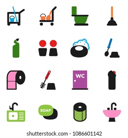 solid vector ixon set - soap vector, plunger, cleaner trolley, toilet, brush, cleaning agent, paper, water closet, sink