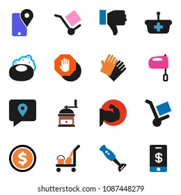 solid vector ixon set - soap vector, cleaner trolley, rubber glove, hand mill, mixer, blender, dollar coin, muscule, traking, cargo, finger down, stop, basket, tap pay