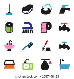solid vector ixon set - soap vector, water tap, fetlock, mop, sponge, toilet brush, liquid, paper, sink, bath