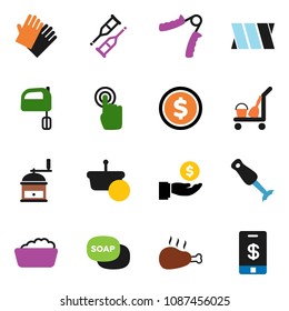 solid vector ixon set - soap vector, cleaner trolley, foam basin, rubber glove, hand mill, mixer, blender, chicken leg, dollar coin, investment, trainer, touchscreen, crutches, bandage, basket
