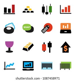 solid vector ixon set - soap vector, graph, gold ingot, japanese candle, laptop, dollar growth, glass, barcode