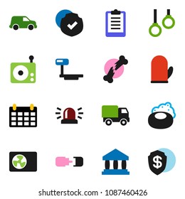 solid vector ixon set - soap vector, cook glove, bank, calendar, clipboard, gymnast rings, car, protected, big scales, radio, broken bone, connection, siren, ari condition, delivery, dollar shield