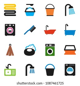 solid vector ixon set - soap vector, fetlock, bucket, sponge, bath, washer, washing powder, shower, sink, towel