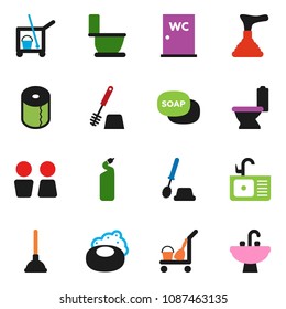 solid vector ixon set - soap vector, plunger, cleaner trolley, toilet, brush, cleaning agent, paper, water closet, sink