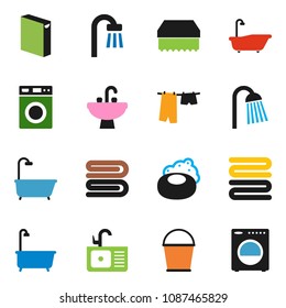 solid vector ixon set - soap vector, bucket, sponge, towel, bath, drying clothes, washer, washing powder, shower, sink