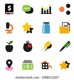 solid vector ixon set - soap vector, jar, apple fruit, pen, annual report, stadium, stopwatch, map pin, document, equalizer, microscope, sperm, share, cottage, star