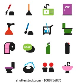 solid vector ixon set - soap vector, plunger, cleaner trolley, toilet, brush, cleaning agent, paper, water closet, sink